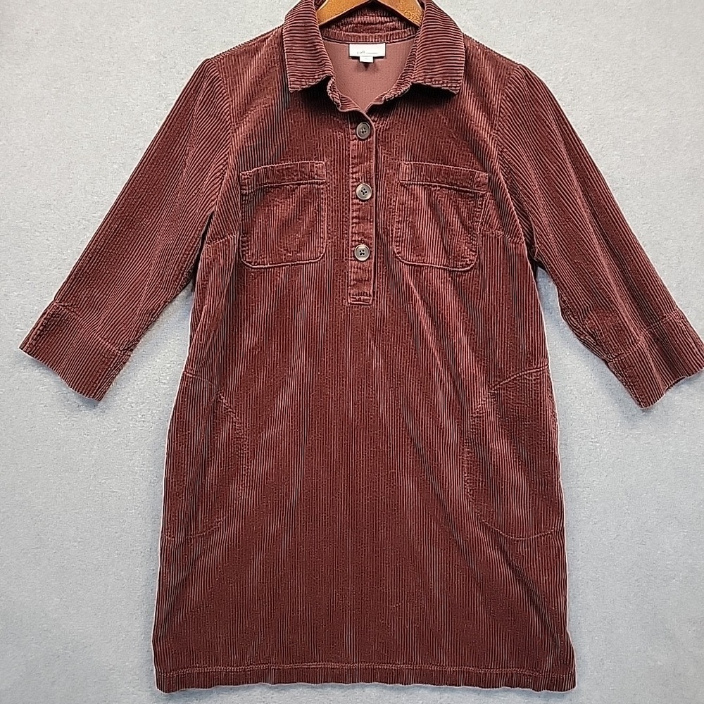 J. Jill Corduroy Wide Wale Shirt Dress Deep Wine Womens S Petite Popover Pockets